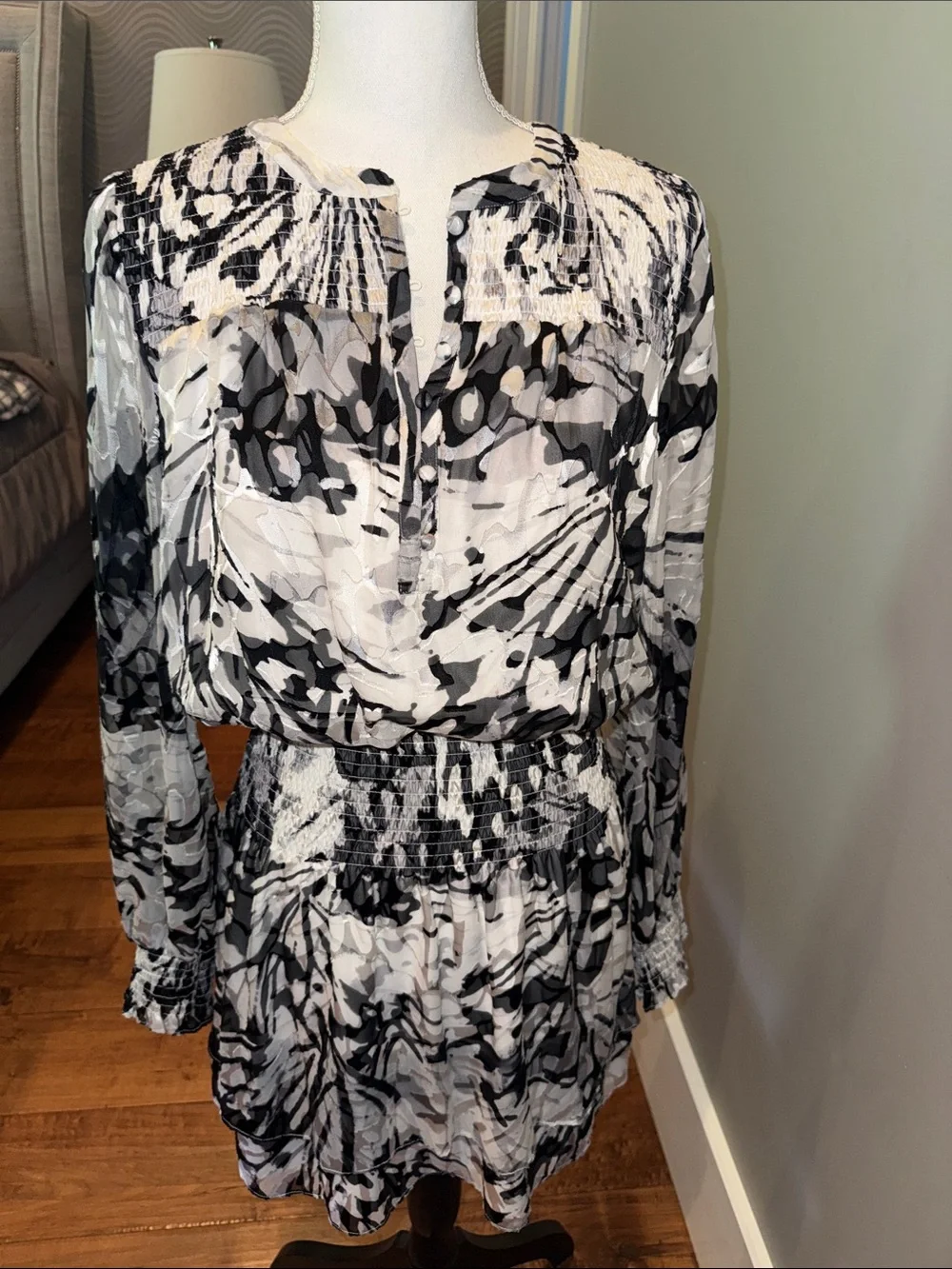 White House black market Women's Black & White Smocked Waist Long-Sleeve Dress